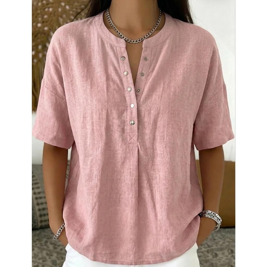 Women's Linen Blend Henley Neck Short Sleeve Casual Shirt