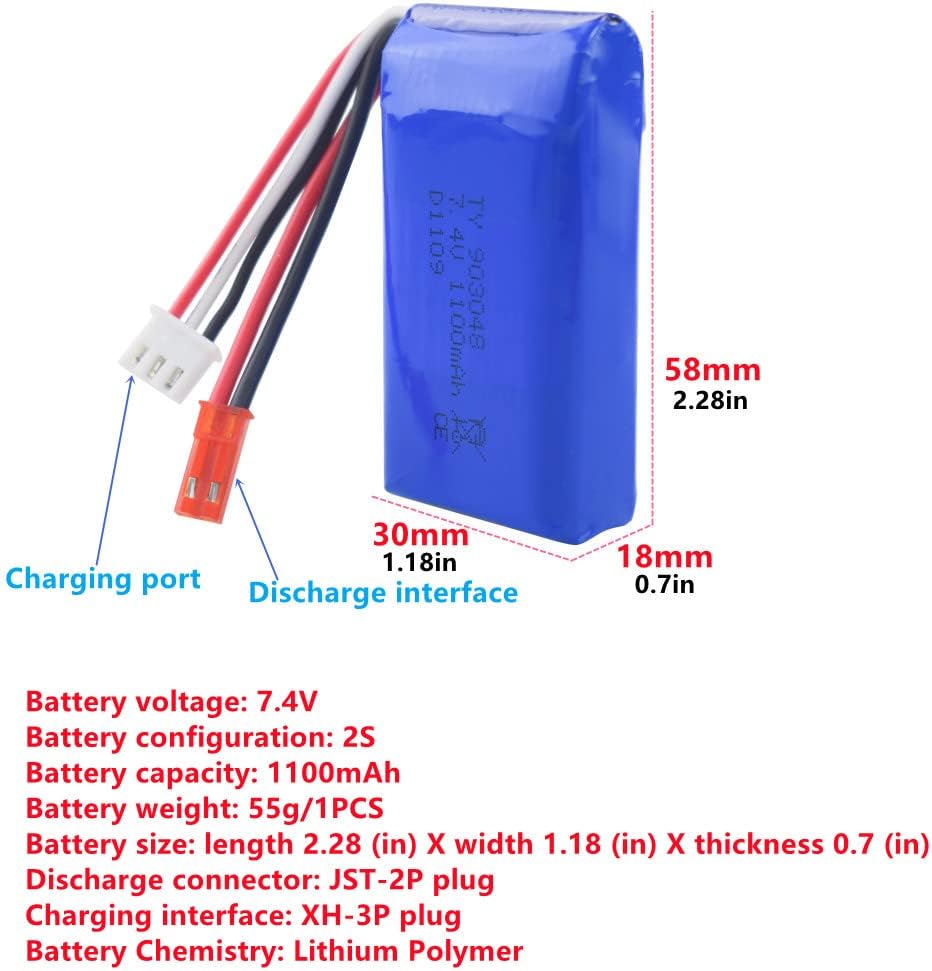 2× 7.4V 1100mAh LiPo Battery Kit with Charger – Compatible with WLtoys A949, A959, A979, K929 – High Capacity – Blue