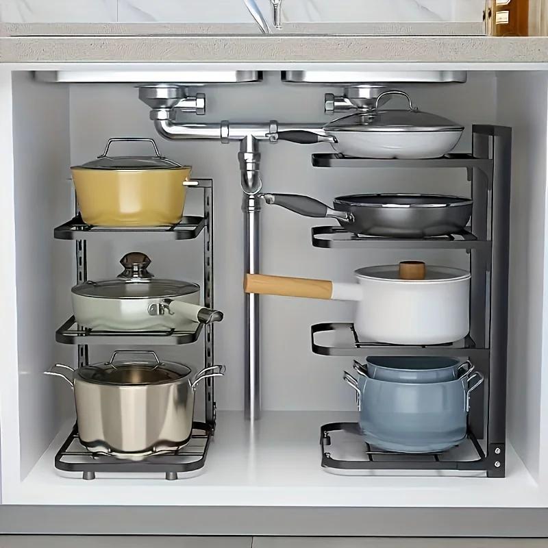 Kitchen Shelf Space-saving Kitchenware Storage Rack Adjustable Pot Rack 2-4 Tiers Under Sink/Corner Applicable