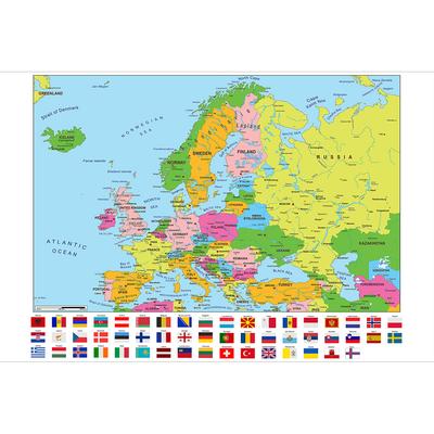 European Map-Political Distribution-with Flags,Educational Poster for Home Office Classroom,Travel/Educational Supplies