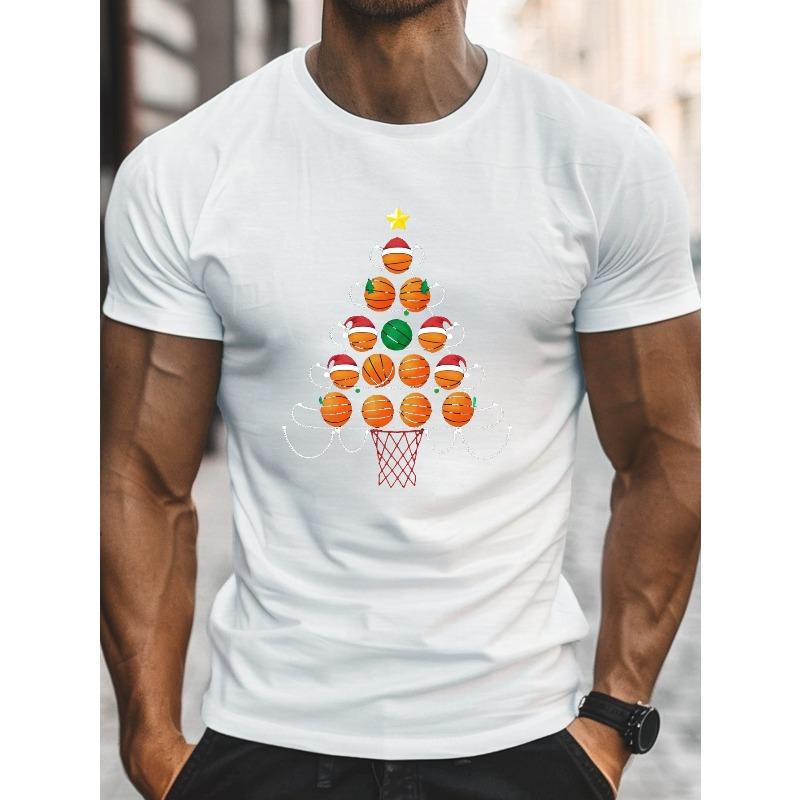 

European Size Men S Christmas Basketball Tree T-Shirt, Casual Crew Neck Short Sleeve Top, Slight Stretch, Regular Fit, Lightweight Summer Tee S белый