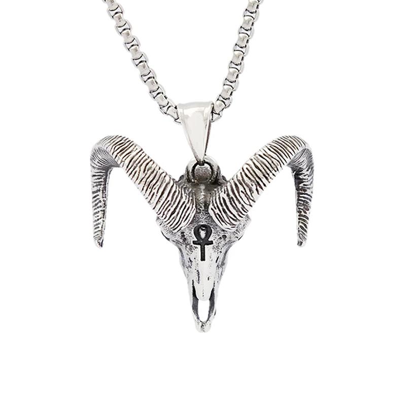 Vintage Sheep Head Pendant Necklace for Men Women GIft Stainless Steel Punk Hip Hop Animal Amulet Gothic Pentagram Goat Jewelry