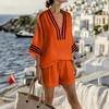 Damen 2-teilige Outfits Sets Raffierte 3/4-Ärmel Oberteile Weitbeinige Hosen Trainingsanzug Sets