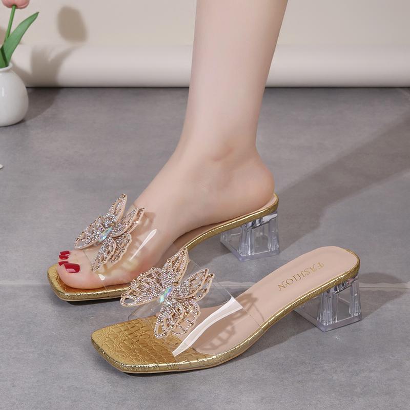 Women's Sandals Women Summer New Square Toe Open Toe Rhinestone Butterfly Mid Heel Block Heel Cool Mopping