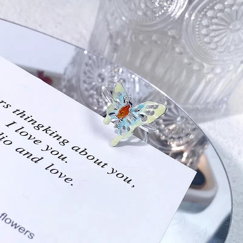 [Double Butterfly Yicai] Gradual Change Enamel Butterfly Opening Ring Women'S Light Luxury Niche Personality Advanced Sense Stacking Ring