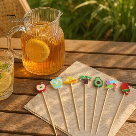 Natural Bamboo Skewers 100PCS Disposable Cocktails Picks, Stick, with Beach Fruits Eco-friendly Food Tags Palm Trees Decoration, Fruit Picks