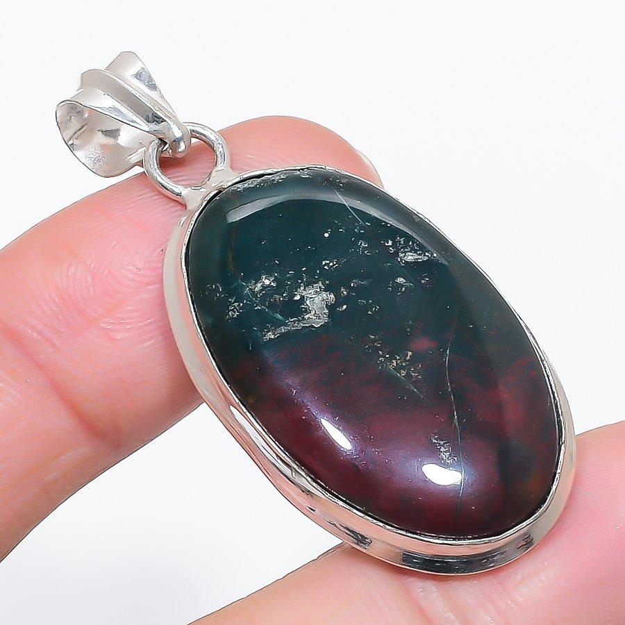 Natural Bloodstone Gemstone 925 Sterling Silver Jewelry Pendant 2.01" U5a54