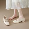 Halbgebogener weicher Einzelschuh für den Sommer, flacher Mund, ein Wort mit Perlen, dicker Absatz, Mary Jane-Schuhe für Damen