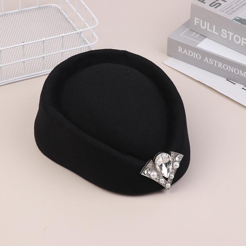 Винтажные фетровые шляпы-федоры с кристаллами, жесткий верх, французская шляпа из кашемировой шерсти, повседневная шляпа стюардессы, шляпа-таблетка для вечеринки чёрный