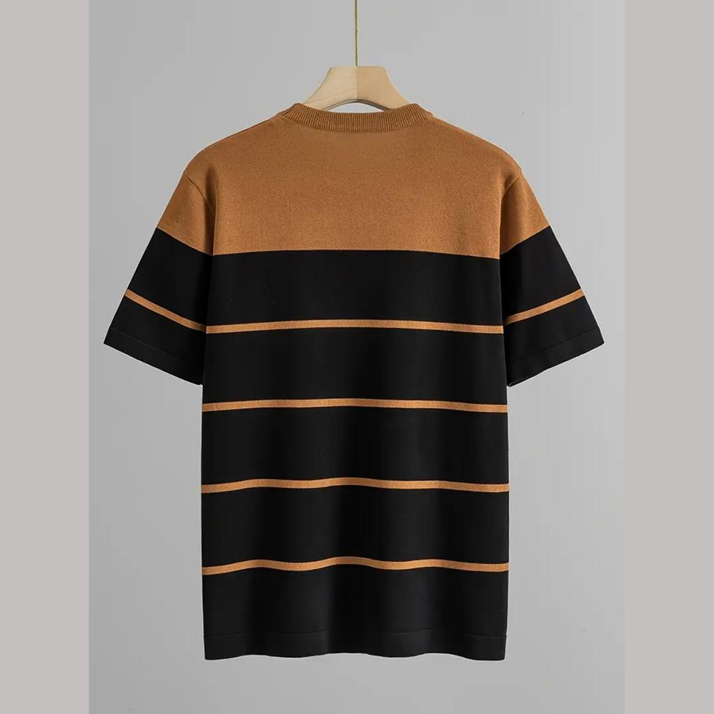 Men's Summer Color - Blocked Knitted Short - Sleeve T - Shirt, Fashionable Striped, Trendy, Casual Round - Neck, Slim - Fit, Versatile Top For Men
