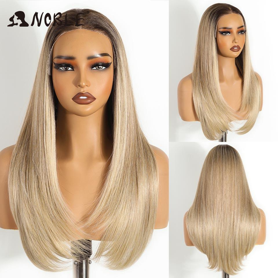 24 Inch 9x6 Ombre Brown Highlight Synthetic Lace Front Wig Pre-Plucked Glueless Heat Resistant Straight Layered Wig for Women