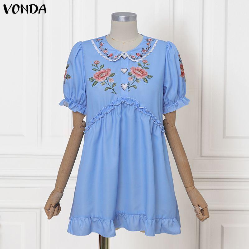 VONDA Women Short Sleeve Ruffle Floral Print Casual A-Line Mini Dress