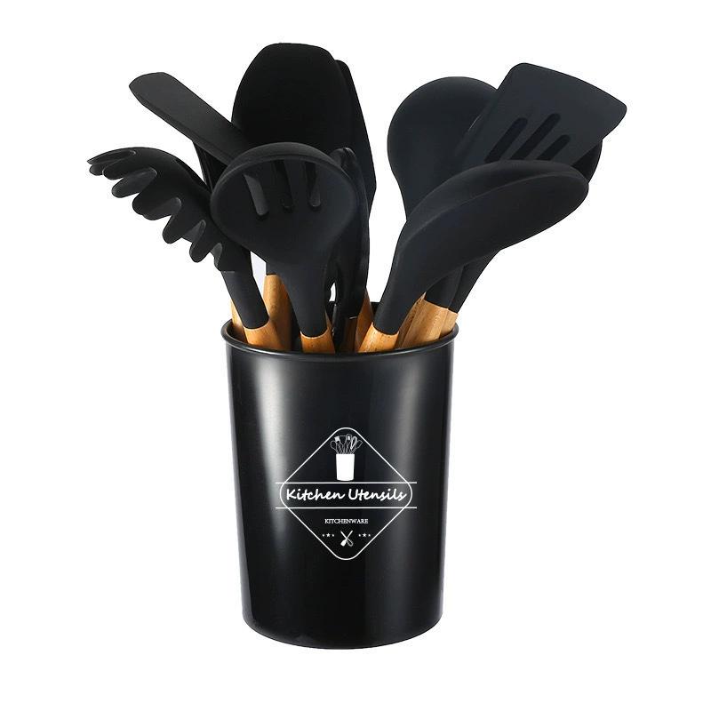 Wooden Handle Silicone Kitchenware Healthy Cookware Spatula Soup Spoon Brush Ladle Pasta Colander Non-stick Cookware Kitchen Tools