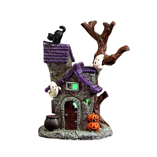 Yousheng Halloween Resin Ornament Creepy Haunted House Tomb Tree Demon Root Tombstone Statue with LED Light Cartoon Pumpkin Ghost Figurine Ornament