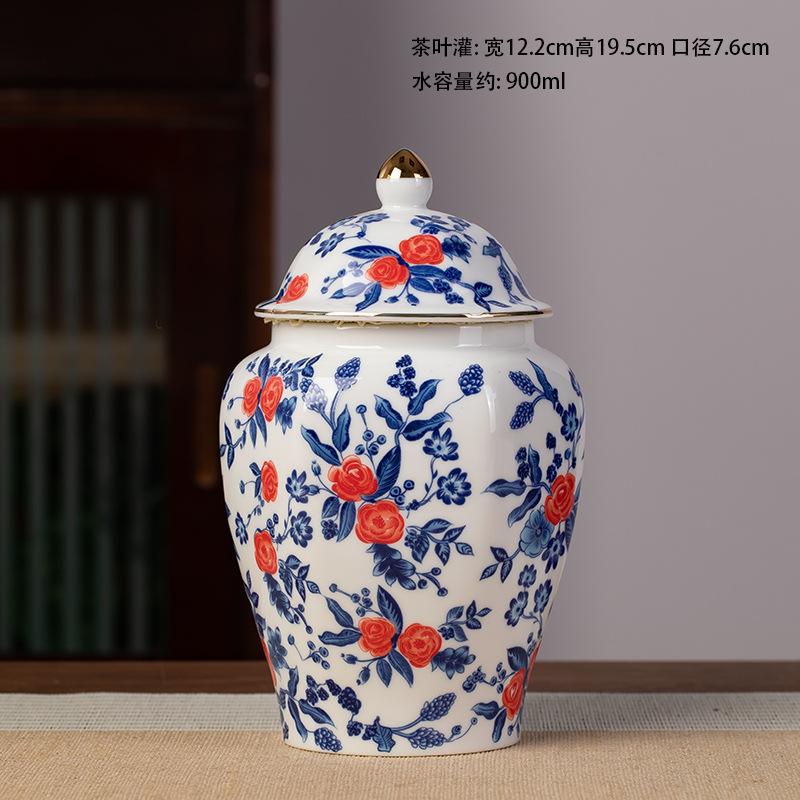 Gold-plated Ceramic Tea Jar Vintage Blue and White Porcelain Sealed Storage Jar Moisture-proof Candy Tea Pot Storage Container