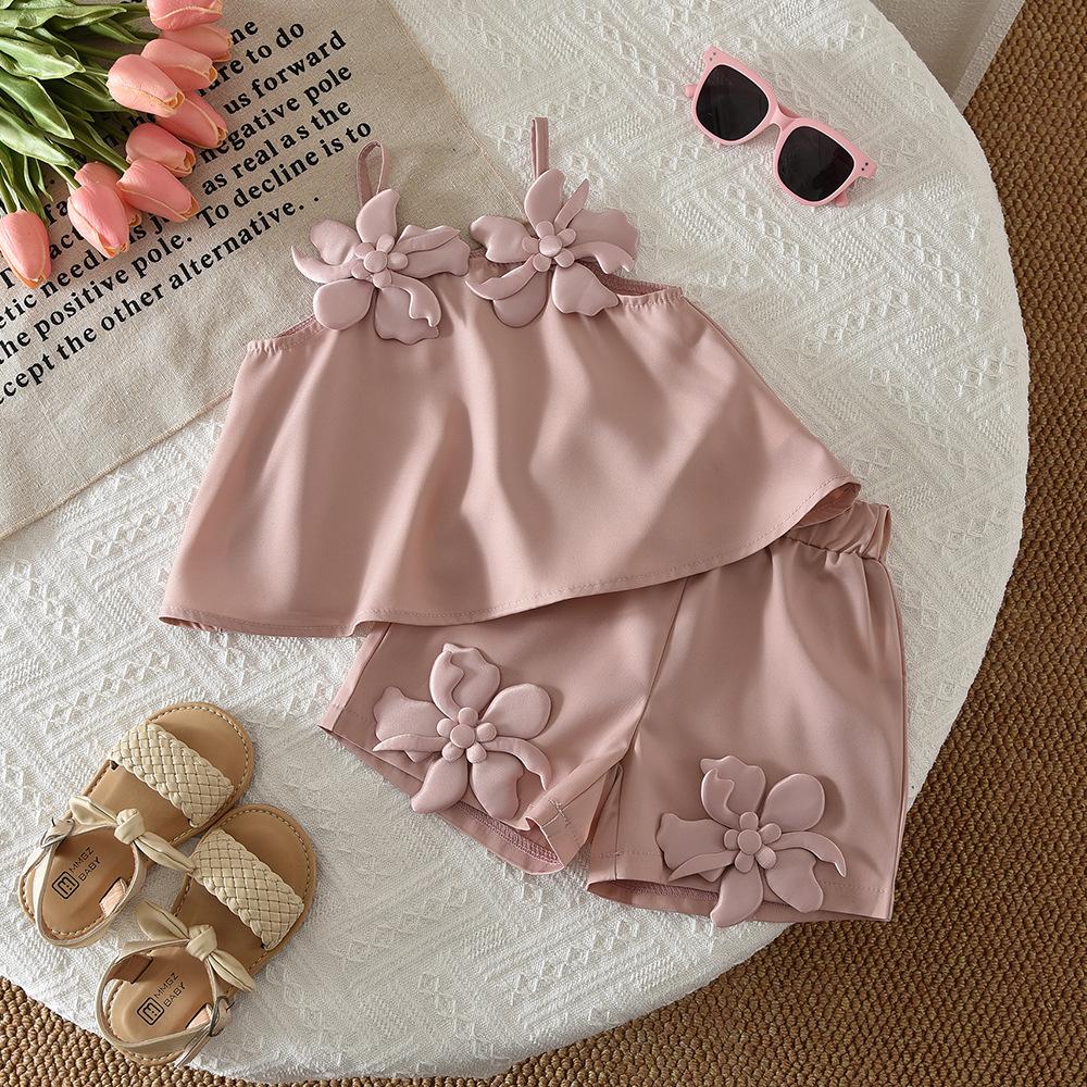 Baby Girl Summer 2 Piece Outfit With 3D Flower Camisole Top And Shorts Fashionable Toddler Clothing Set 6-9M розовый