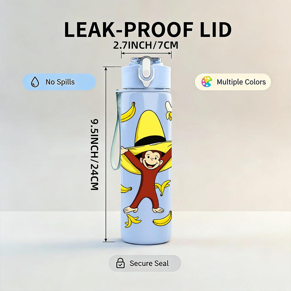 1PC Yellow Hat Cartoon Monkey 750ml Color Plastic Water Bottle Leakproof Flip Straw Lid For Sports Office Home Use