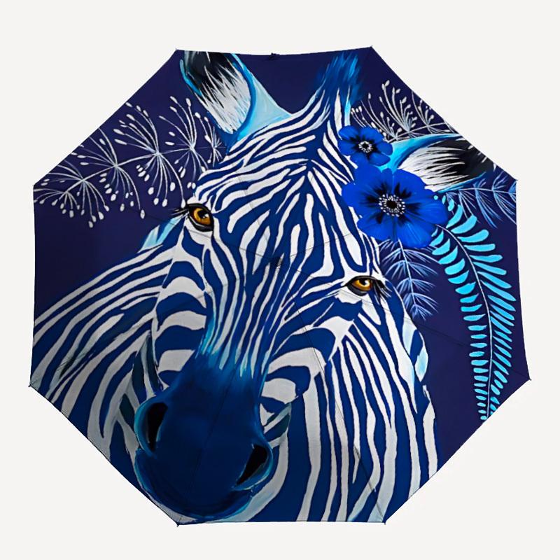 1pc Blue Zebra Floral Automatic Open/Close Umbrella 8-Rib Strong Frame, Portable Travel Umbrella for Women & Men, Birthday Gift Parties 014