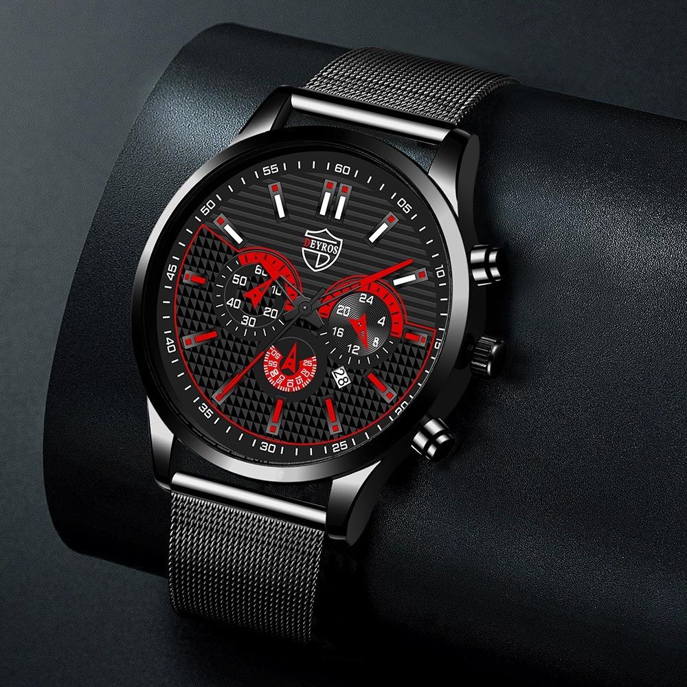 DEYROS 4PCS Set Fashion Mens Sports Bracelet Watches for Men Stainless Steel Quartz Wristwatch Classic Male Casual Leather Watch