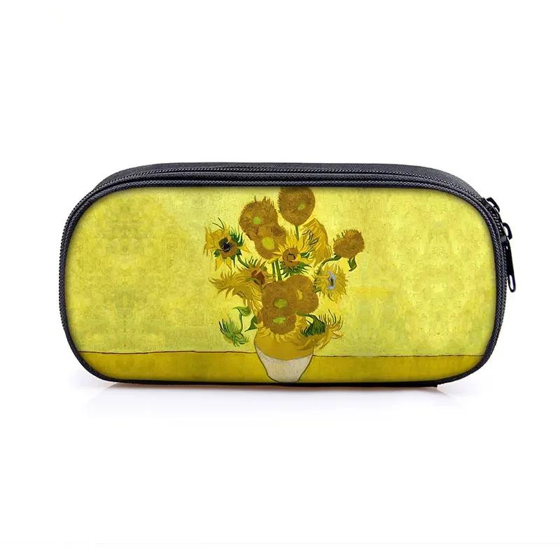 Famous Oil Painting Sunflower Skeleton Cosmetic Case Pencil Bag Van Gogh Stationary Bag Boys Girls Pencil Box School Supplies