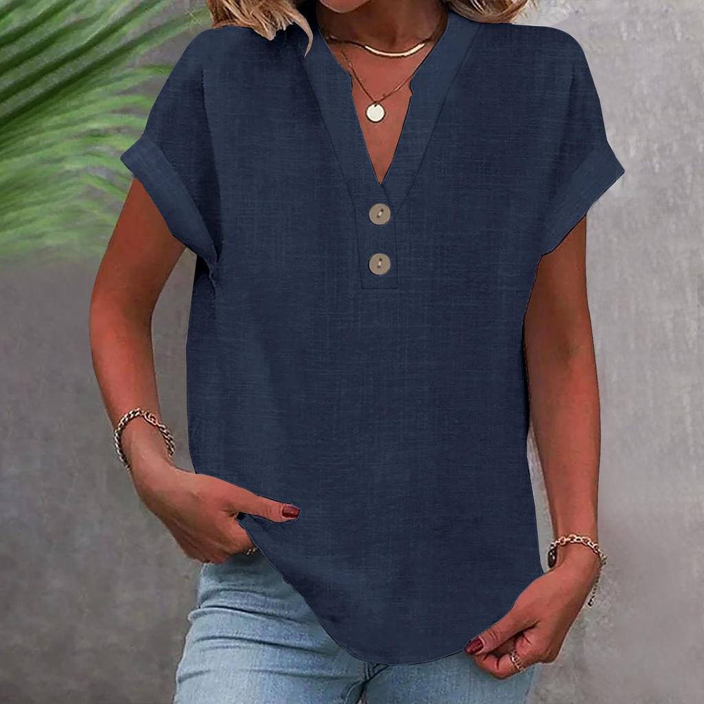 Summer Cotton Linen Breathable Solid Color Button Down V-neck Shirt Basic And Versatile Casual Comfortable Lady Office Tops