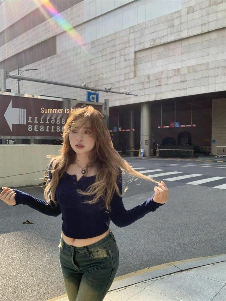 Women's Korean Style Slim-Fit Ribbed T-Shirt: Spicy Girl Half-Open Collar, Long-Sleeved, Autumn/Winter