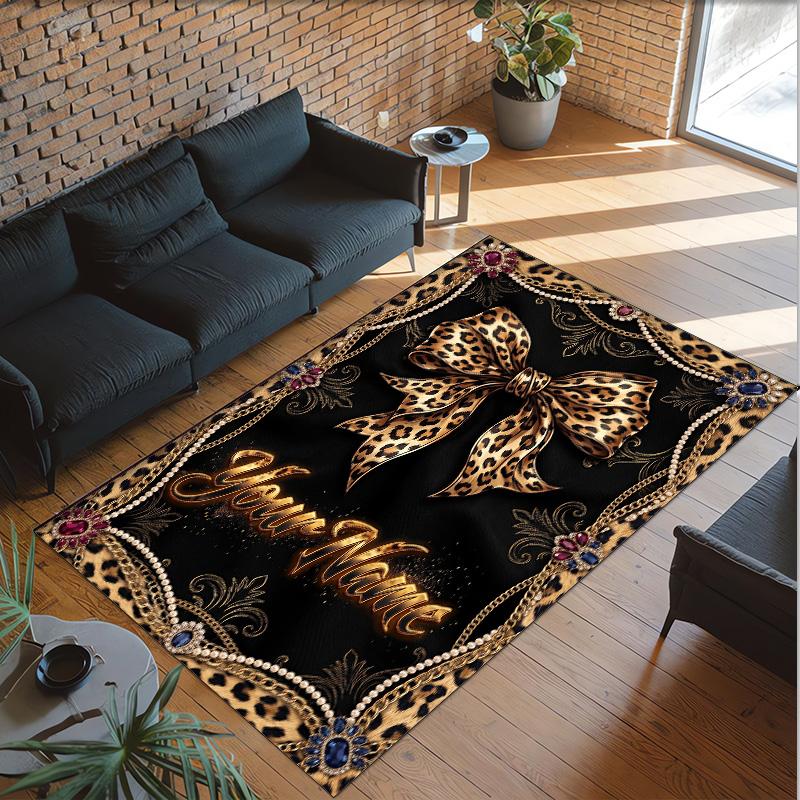 Leopard Theme Crystal Velvet Floor Rug Personalized Custom Name Text Warm Carpet Home Decoration
