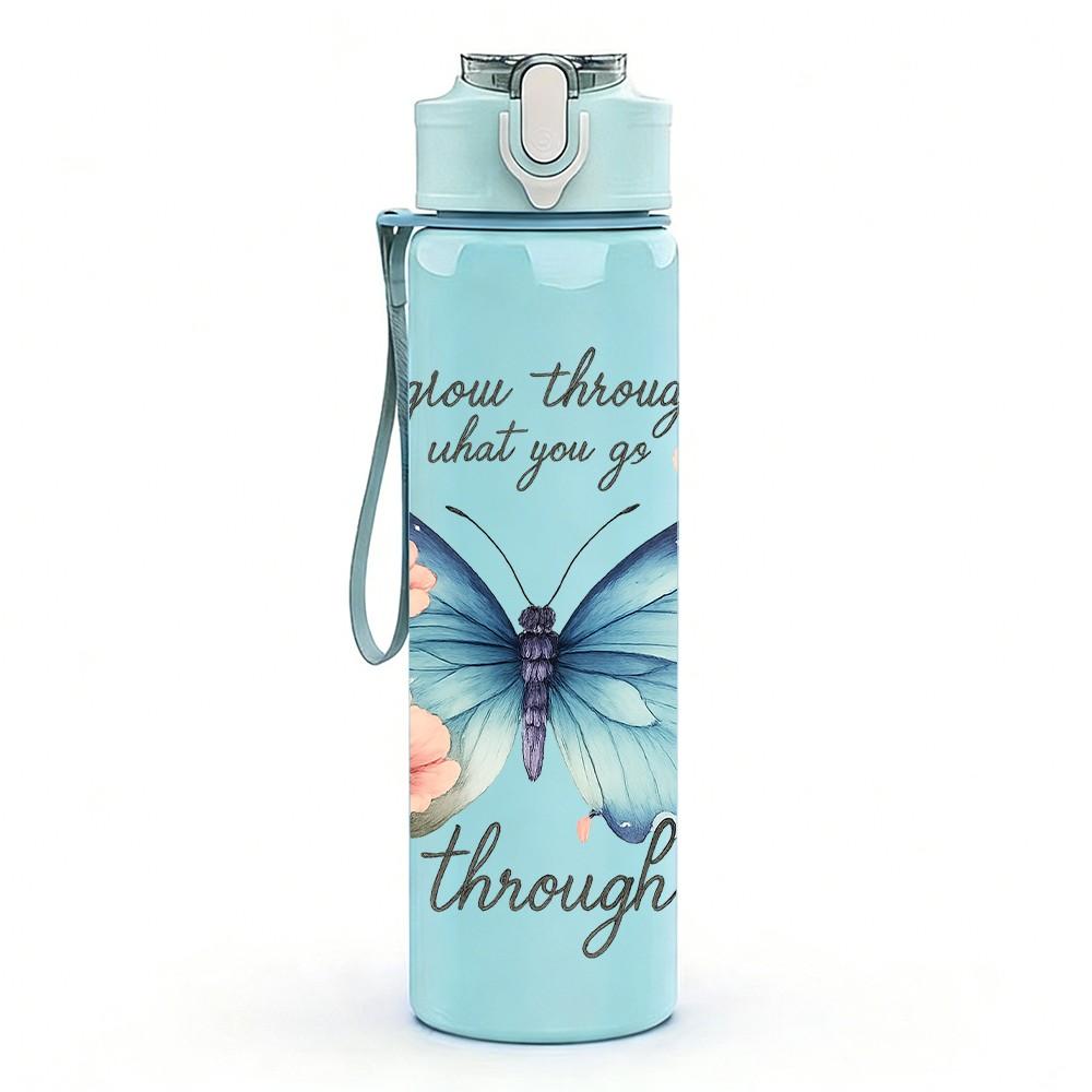 1PC Butterfly Gratitude Quote 750ml Color Plastic Sports Water Bottle Leakproof Flip Straw Lid Suitable for Sports Office Home Use