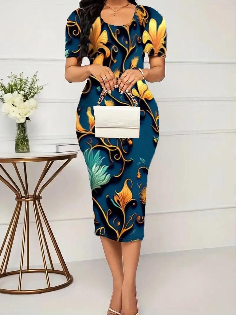 2026 Spring/Summer Women's Elegant Plus Size Printed Short Sleeve Dress - European & American Style