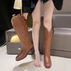 Fashion Vintage Square Toe Block Heel Western Cowboy Boots Women's V-Mouth Embroidered High Thigh Boots