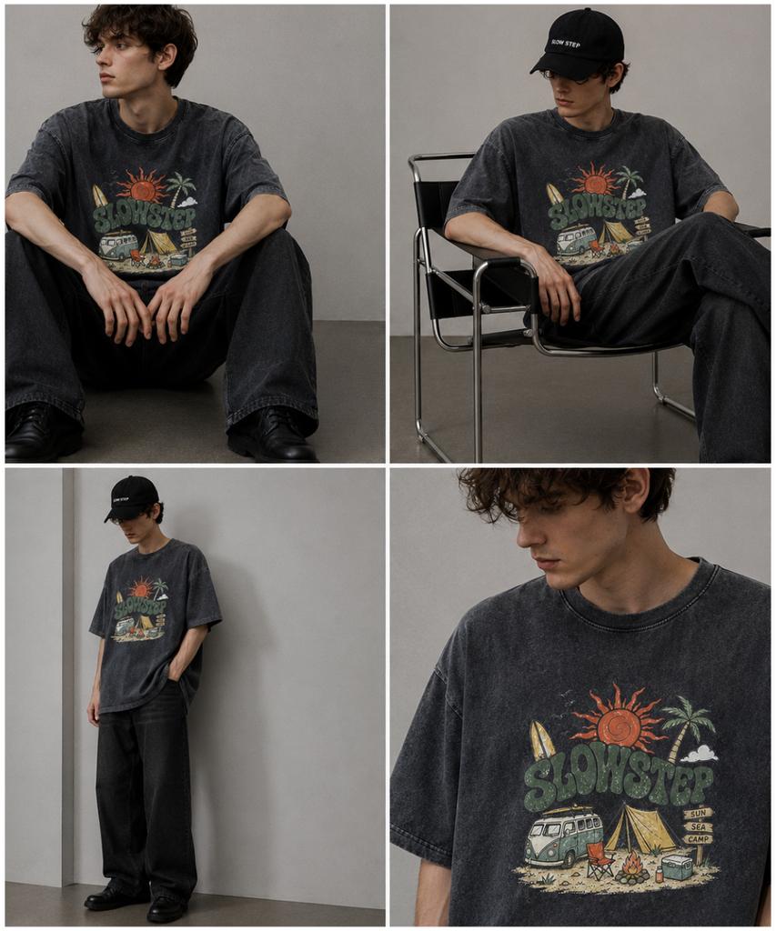 Seullouseuteb Sp2605 Vintage Camping Graphic Pigment Oversized Short Sleeve T-Shirt Black