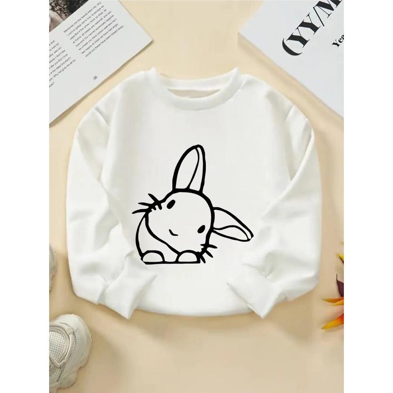 Kids Sweatshirt - White Bunny Outline On Black Background Machine Washable, Spring And Autumn, Sportswear And Casual Wear, Soft And Comfortable