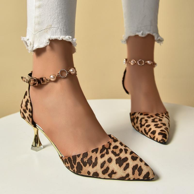 Fashion Leopard Print High Heels Women's Spring and Autumn New Pointed Toe Shallow Mouth One Belt Stiletto Single Shoes