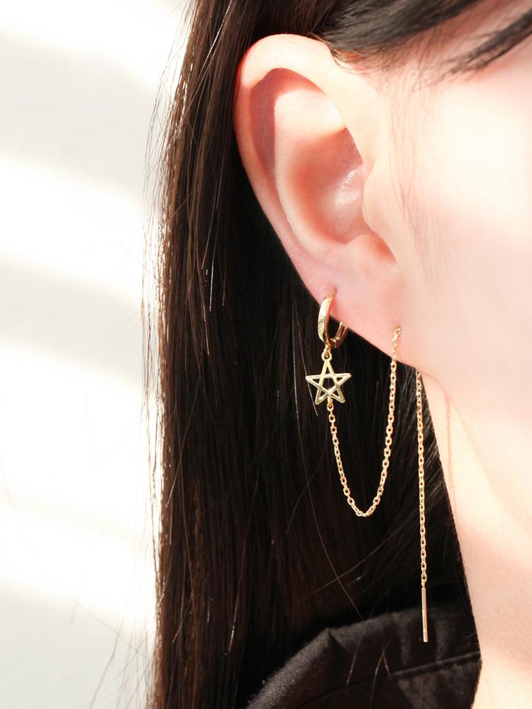 Minimalpiercing 14K Star Long Drop Layered Ring Earrings