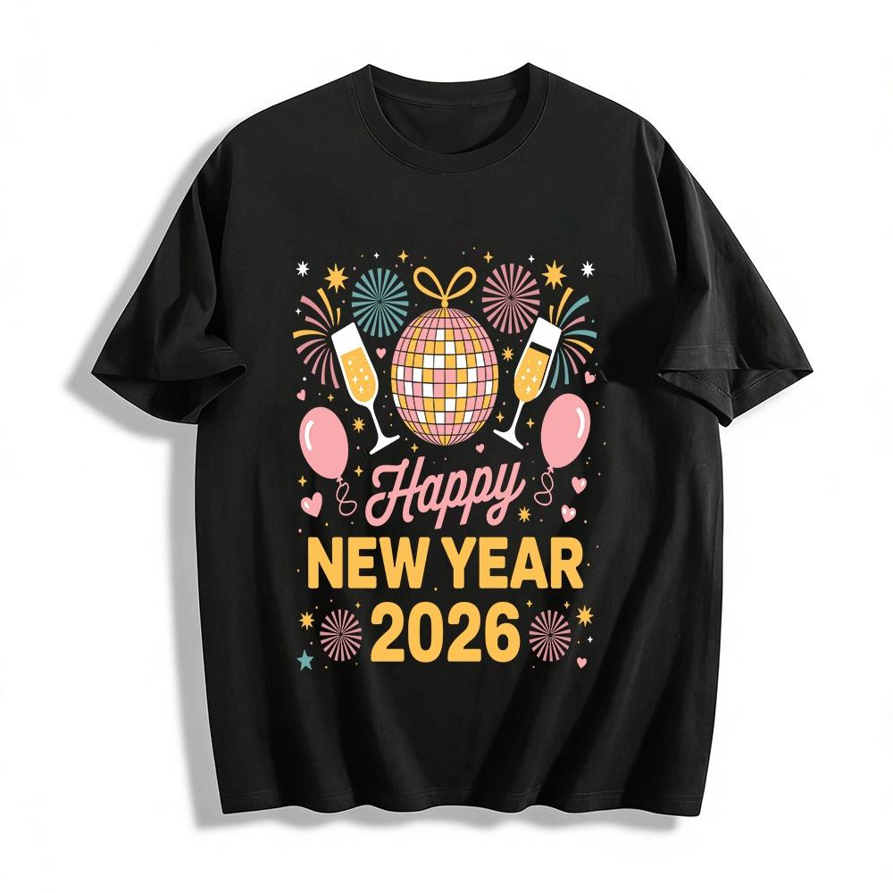 

2026 Happy New Year Party Print Casual Top Holiday Vibe T-Shirt Pure cotton T-shirt XXS