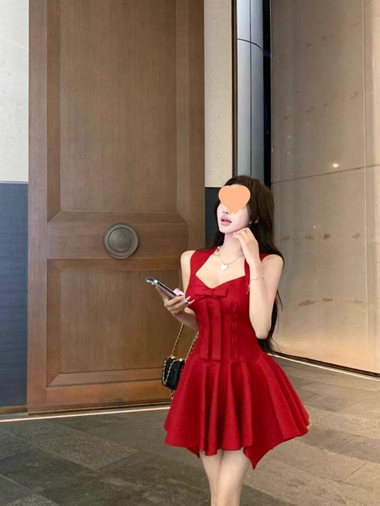 Elegant French Rose Bow Knot Dress - Slimming Waist, Summer Short Skirt for Special Occasions