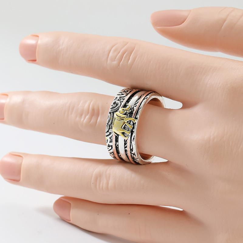 Vintage Hand Carved Elephant Wide Women's Ring Three Color Metal Geometry Daily Wear Party Jewelry Anniversary Gift