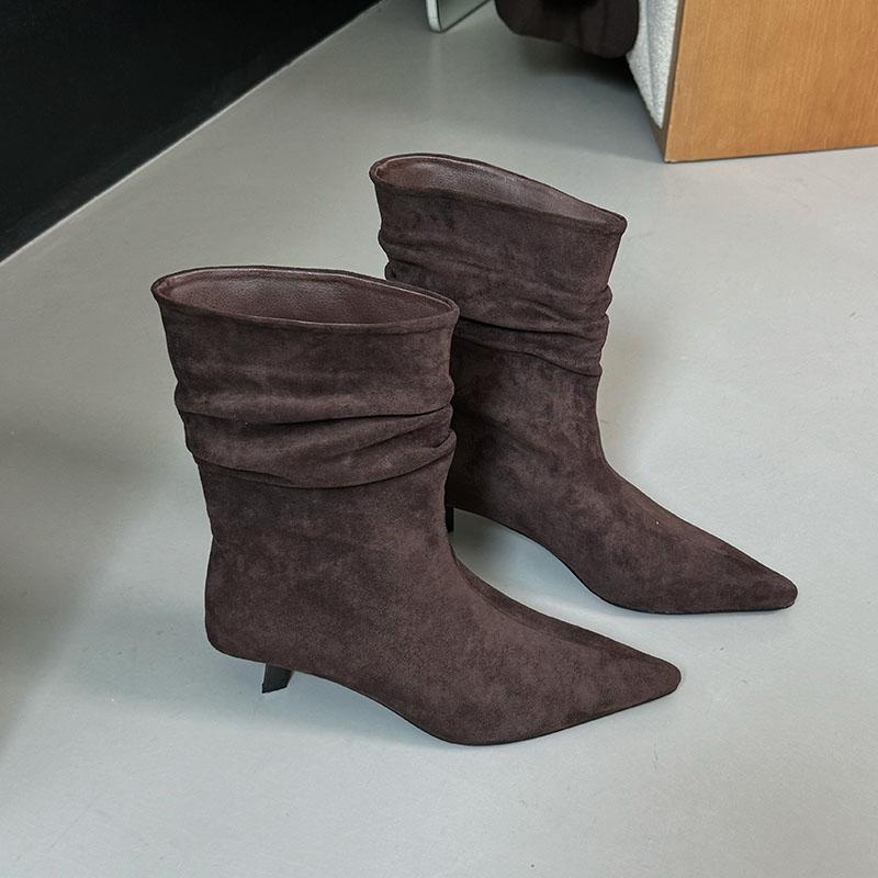 Fashion Fashion Heels Footwear Women Ankle Modern Boots Slip On Shoes Female Pointed Toe Pleated Ladies Short Boots Shoes Pumps