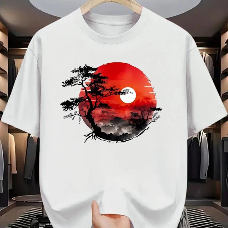 Men's Summer Pure Cotton Fashionable Casual Loose Fit Printed Round Neck Short Sleeved T-shirt Top