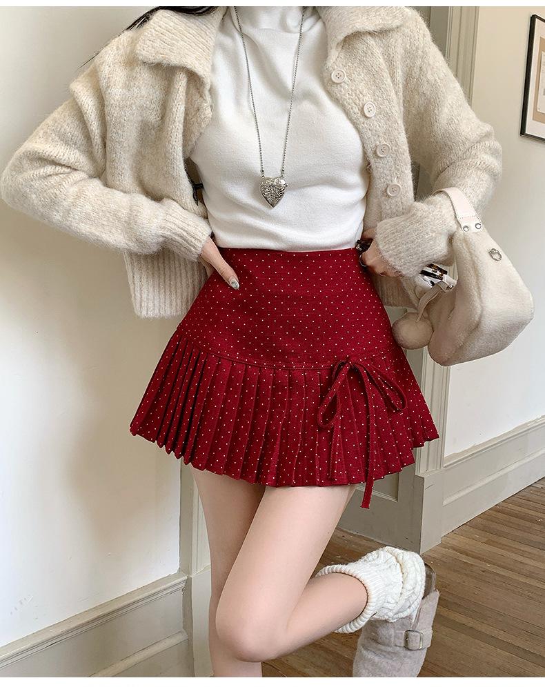 Gonna corta a ruota da donna a vita alta con pois rossi e fiocco, Nuovo stile Autunno/Inverno 2025