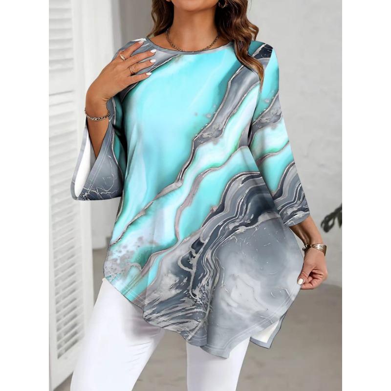 Top Mărime Mare cu Imprimeu Marmură, Gât Rotund, Tiv Neregulat, Croială Largă Subțietoare, Top Casual și Elegant cu Mâneci Lungi pentru Primăvară și Vară