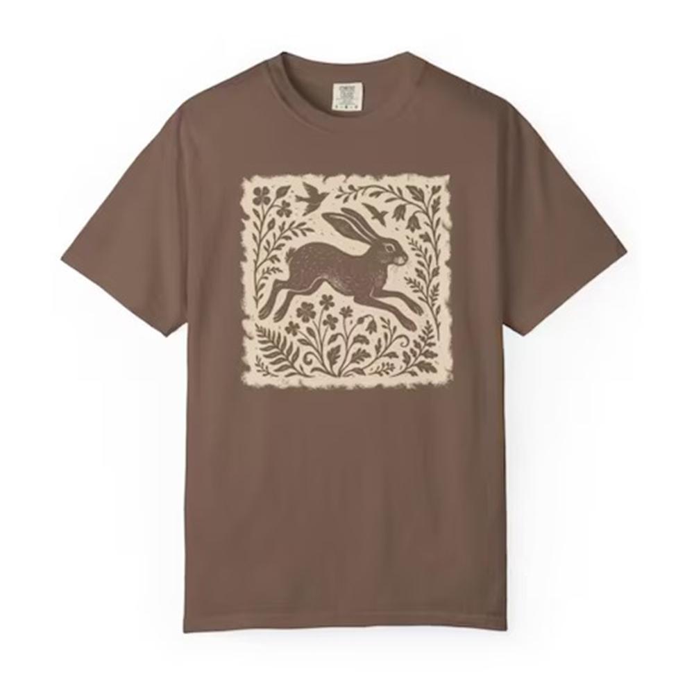 Vintage Wild Hare Linoprint Shirt Witchy Folk Art Forest Animal Naturecore Tee Dark Academia Unisex Y2K Casual Shirt Streetwear