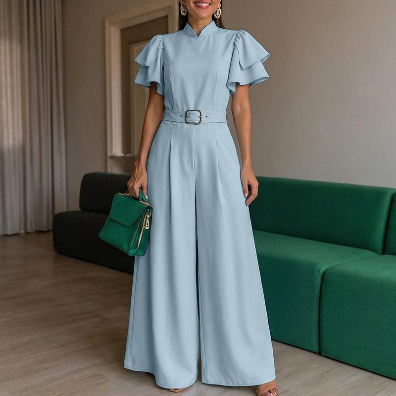 ZANZEA Women Casual Ruffles Short Sleeve Loose Wide Leg Jumpsuits S синий
