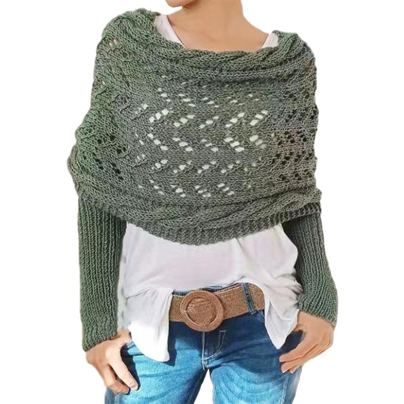 Autumn Winter Women'S Knitted Shawl Scarf With Long Sleeve Outdoor Warm Soft Windproof Hollow Out Crop Top Shrugs Shawl Scarf