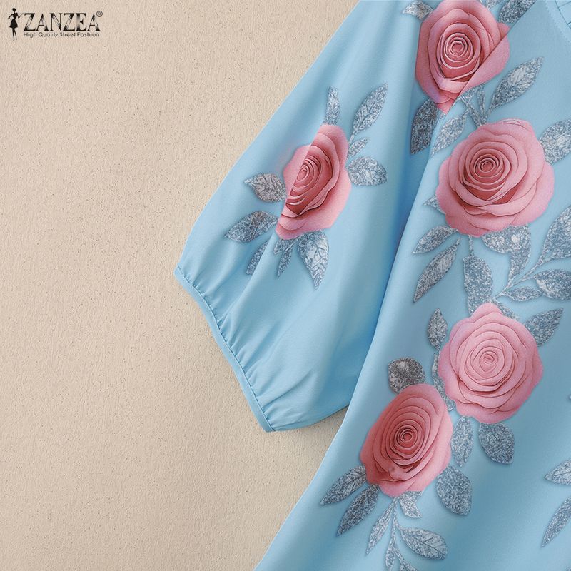 ZANZEA Women Floral Print Casual Round Neck Loose Short Sleeve Blouse