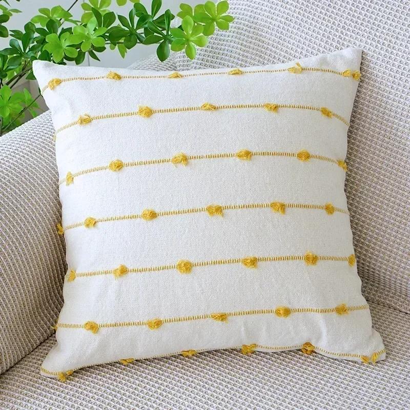 Line Linen Pillow/Cushion Covers European with Tassels Throw Pillow Sham 18x18 Home Decor Square Decorative for Couch Kids Bed