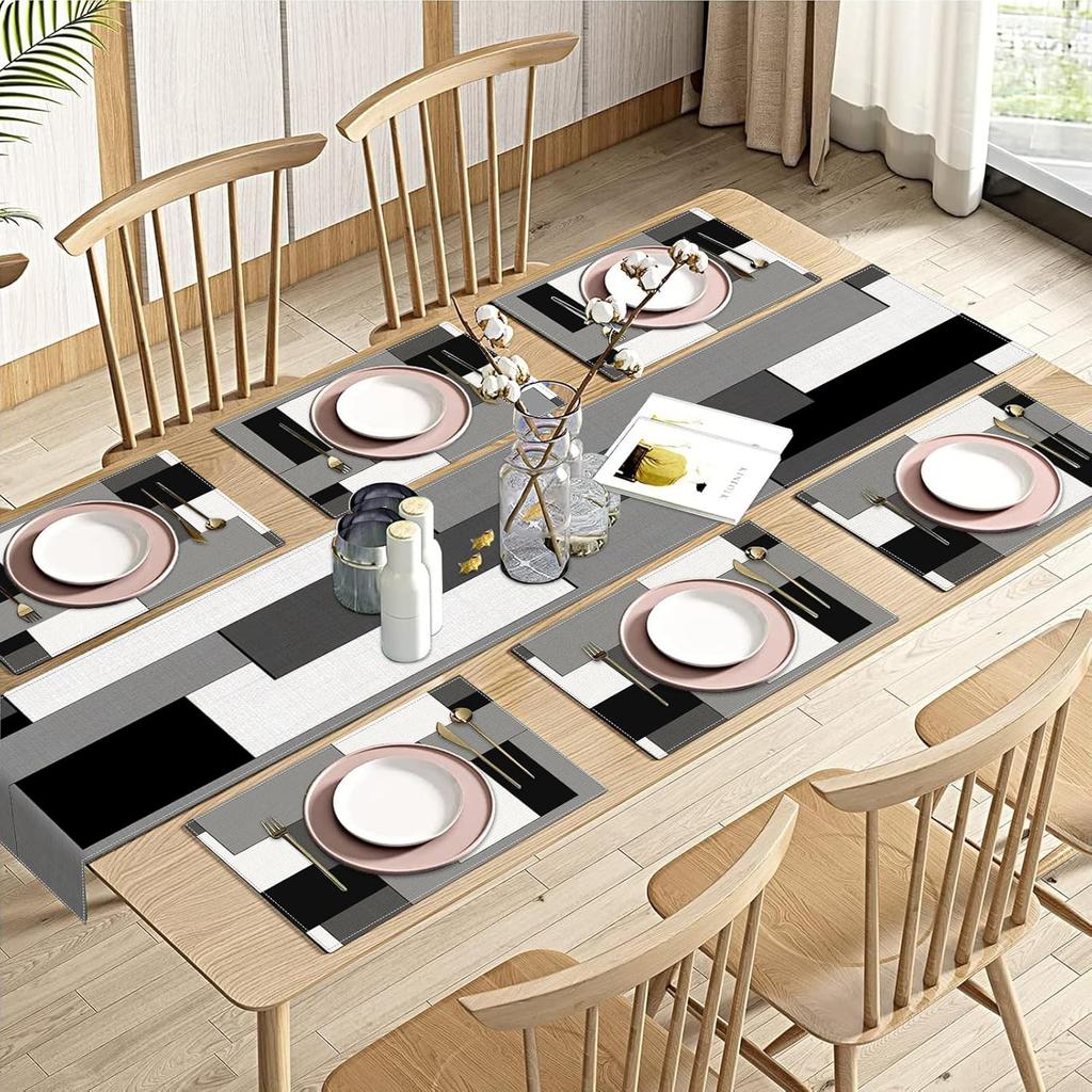 Emvency Black Grey Table Runner and Placemats Set of 6, Modern Geometric Abstract Painting Art Dining Table Decor for Daily Use(1 Table Runner 72