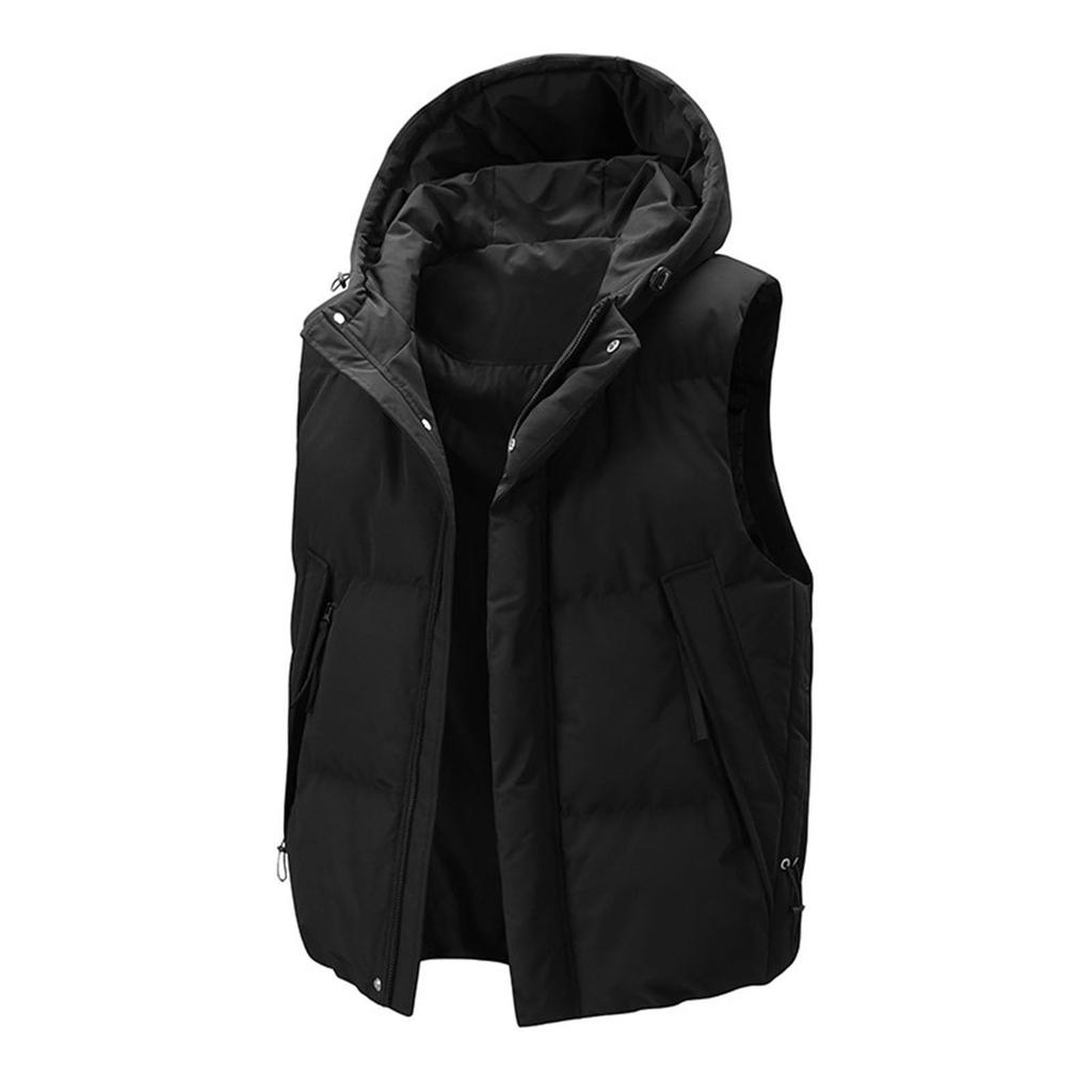Men's And Women's Casual -color Hooded Sleeveless Vest, Men's Large Pocket, Cotton Thickened, Loose And Warm Zipper Vest