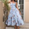 Summer New Four-sided Elastic Printing Neck Dress, European and American Sexy Backless Strap A Word Medium and Long Dress