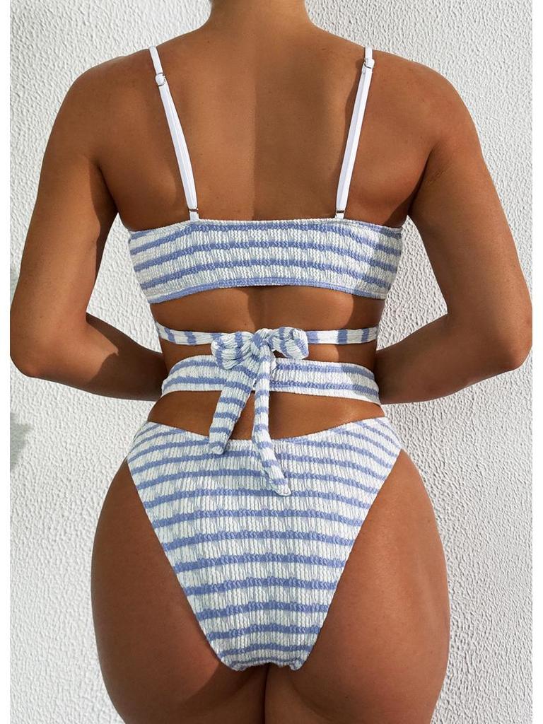 European & American Blue-White Striped Backless Bikini - Slimming & Sexy Fit for Small Chest Women
